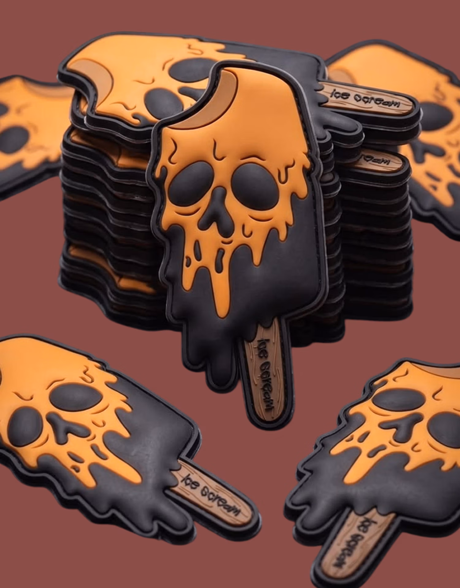 Premium PVC rubber patch featuring a chocolate ice cream design for bags, jackets, and caps.